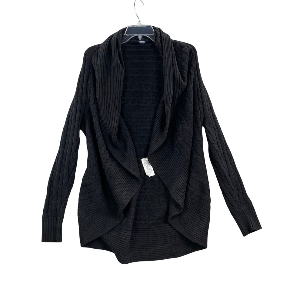 Chaps Cardigan Sweater Women's XL Black Cable Knit Open Front Shawl Collar Cozy